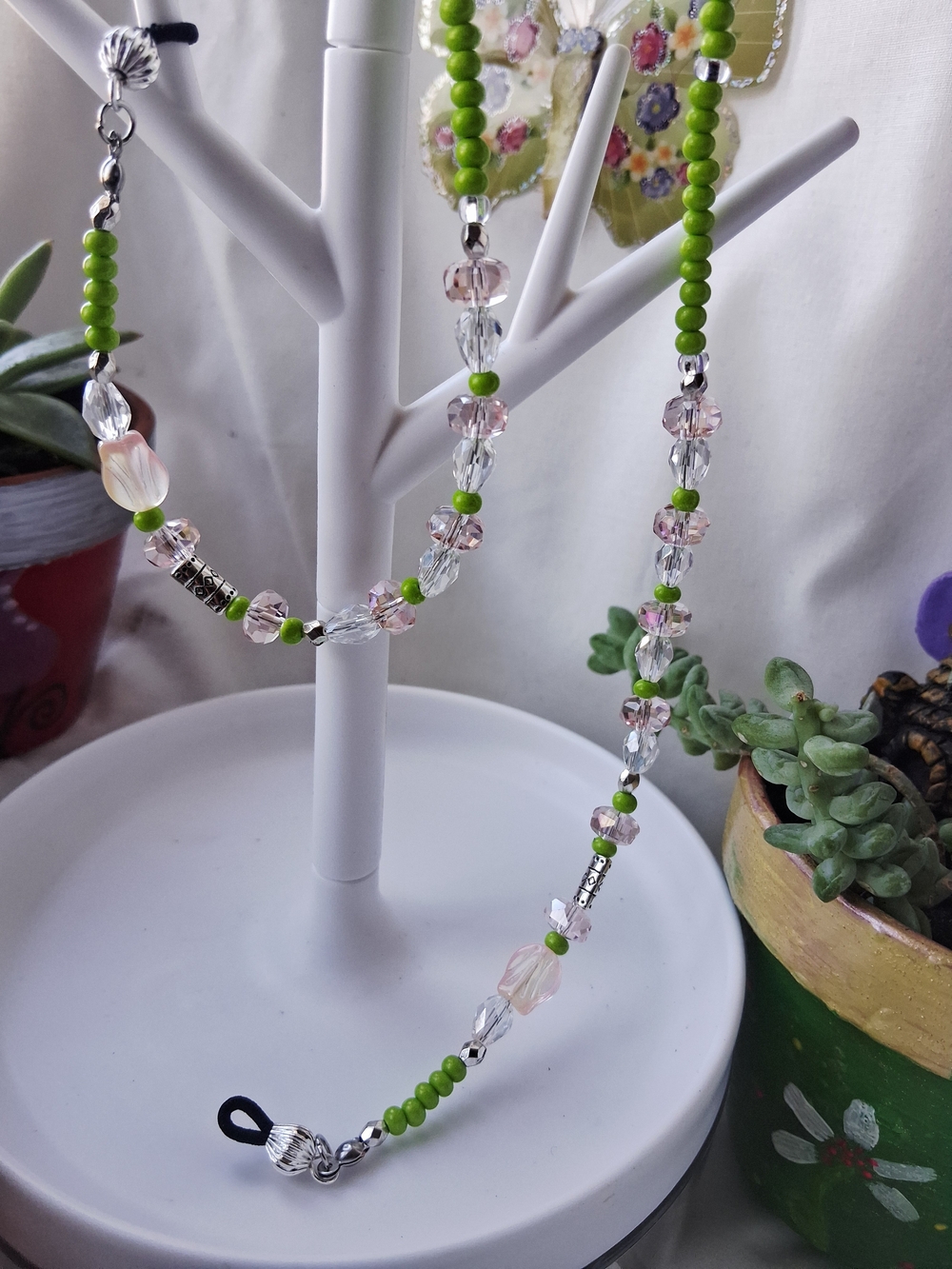 Handcrafted Green and Pink Beaded Eyeglass Chain